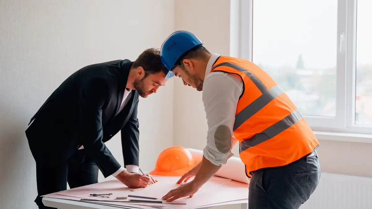 A construction worker wearing a blue hard hat and orange safety vest collaborates with a man in a black suit over architectural blueprints on a table. They appear to be discussing plans inside a bright room with a large window