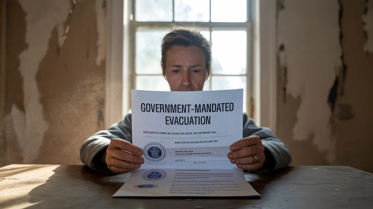 Person reading a document titled 'Government-Mandated Evacuation' in a dimly lit, damaged room with peeling walls and dust in the air