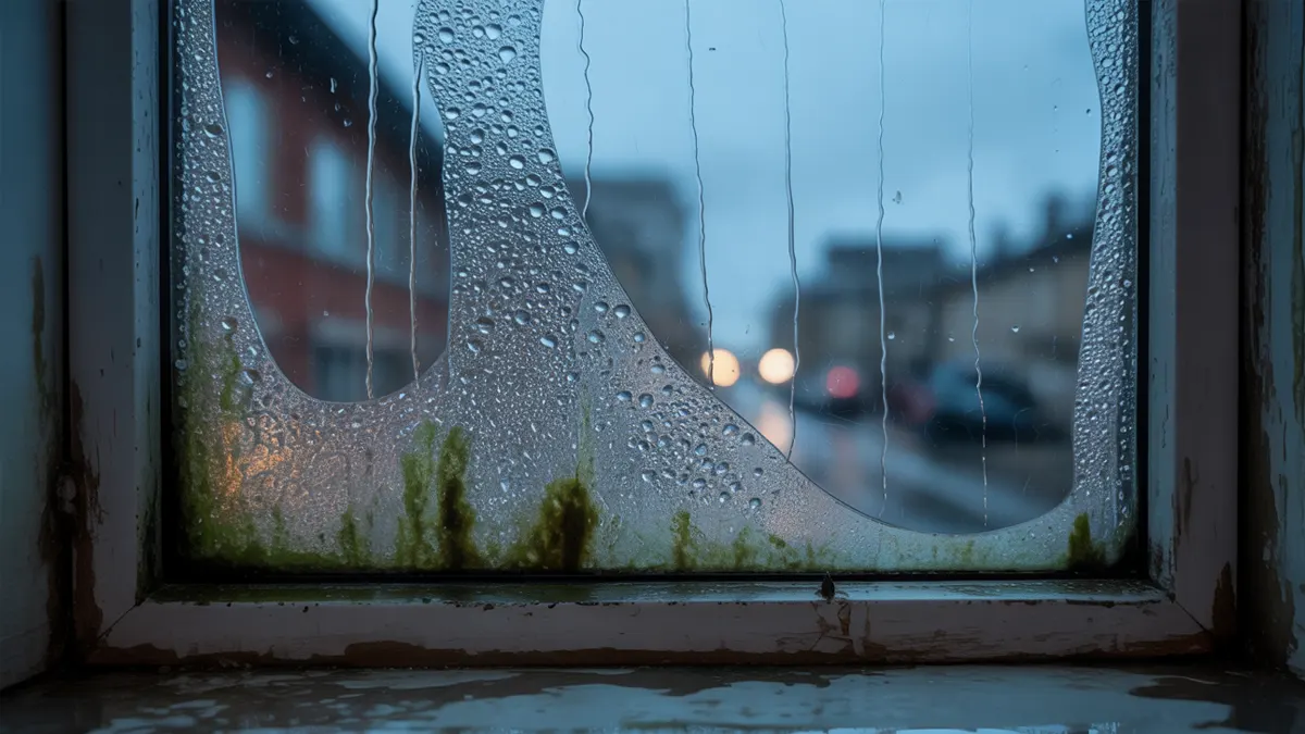 Close-up of a window with heavy condensation, visible mold growth on the frame, and water damage, looking out onto a rainy urban street scene