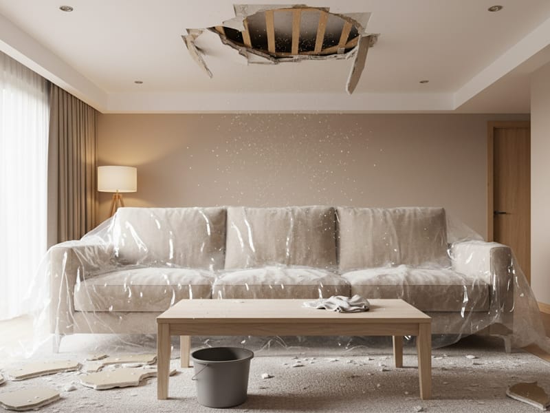 Living room with water leaking through a damaged ceiling.