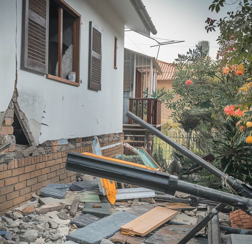 Damaged wall of a house reveals exposed bricks, surrounded by debris.