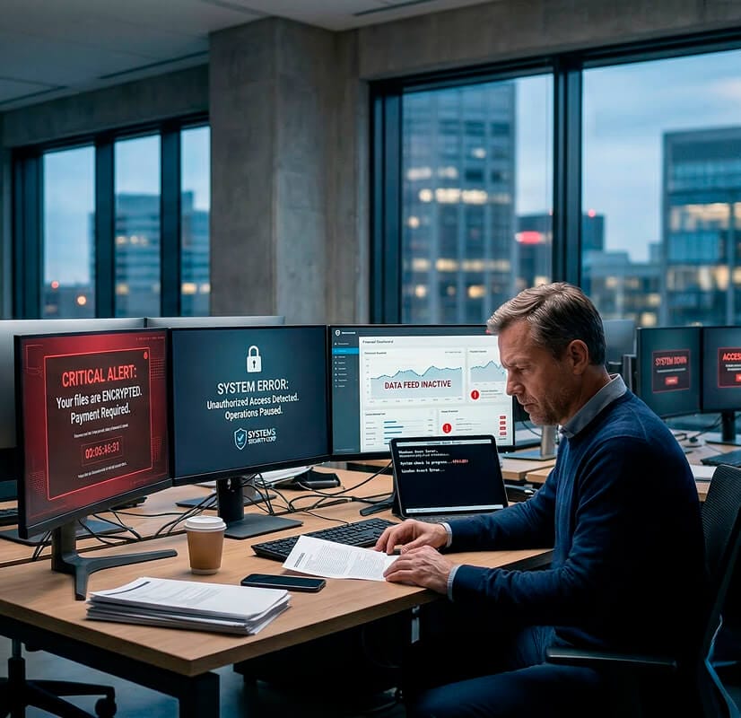 Man in office with multiple monitors showing system errors, encrypted files, and data feed inactive alerts.