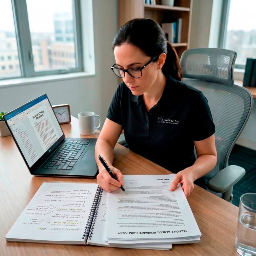 Person in business attire reviewing and marking insurance documents at a desk with a laptop, notebook, and coffee mug.