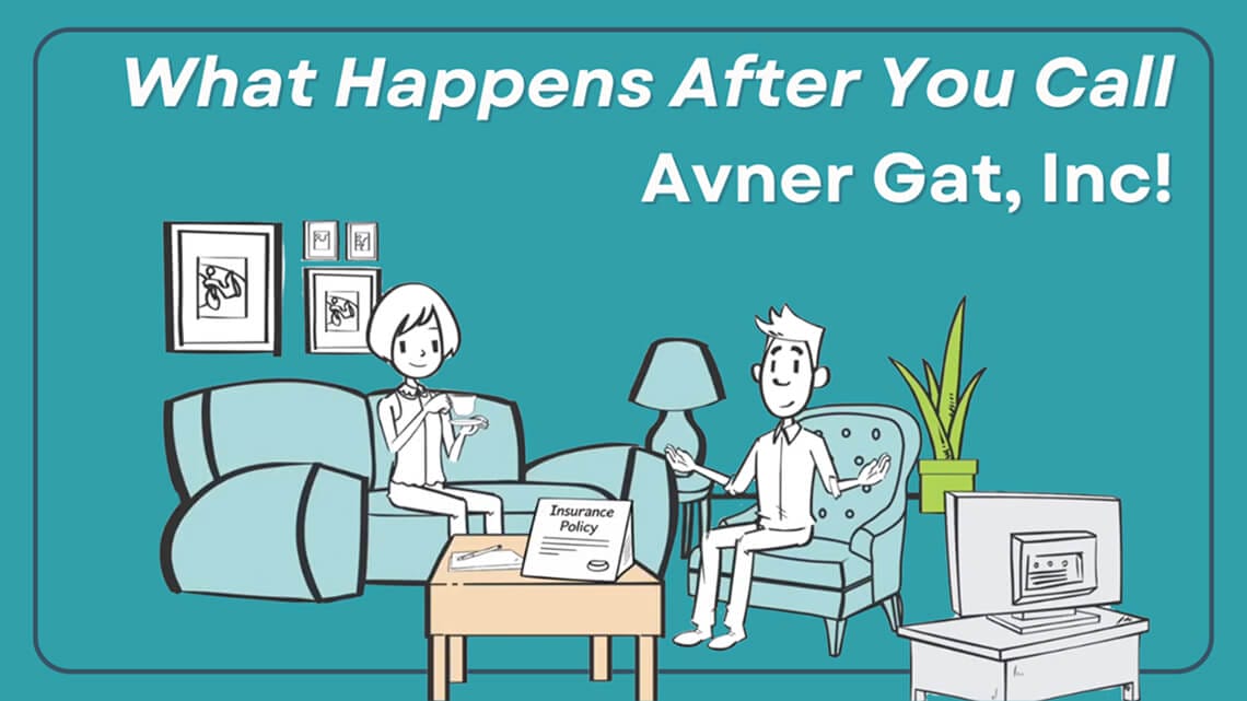 Illustration of two people talking in a living room about insurance policy and the text "What Happens After You Call Avner Gat, Inc!"