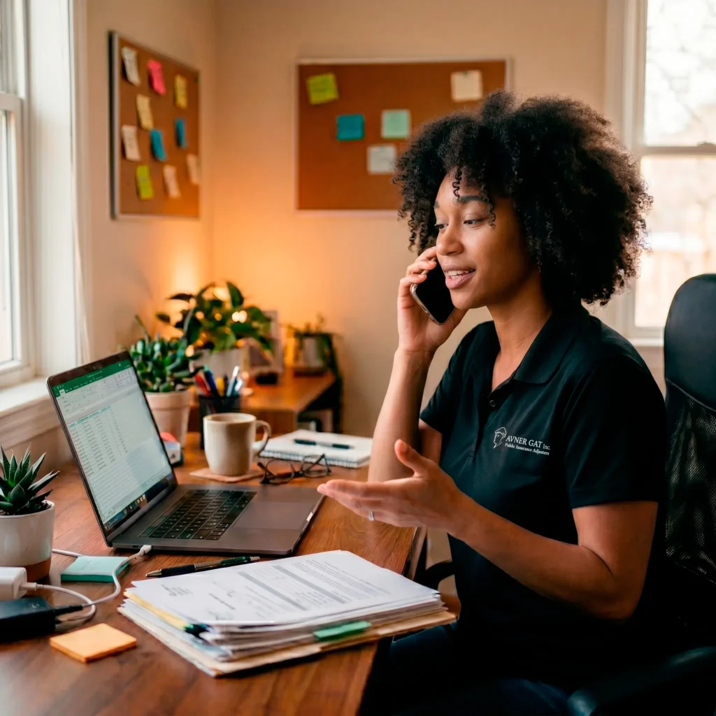 A professional public adjuster from Avner Gat, Inc. wearing a black branded polo shirt, talking on a smartphone and reviewing insurance claim documents on a laptop at a desk.