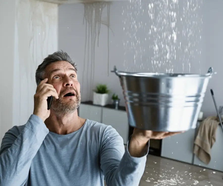 man calling while holding a bucket to cover leaks