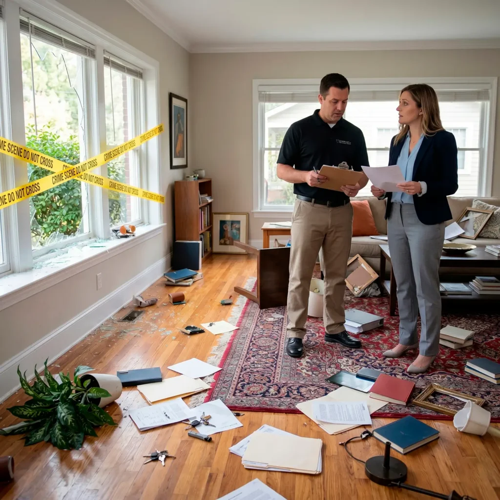 A man and a woman public adjuster standing in a ransacked living room with a broken window, conducted a meticulous loss assessment. Yellow caution tape marks the window area, and glass, papers, keys, and an overturned plant are scattered on the floor. Both hold documents and a clipboard, illustrating detailed professional assessment and evidence collection vital for a successful insurance claim, addressing user pain points with visual proof of professional help.