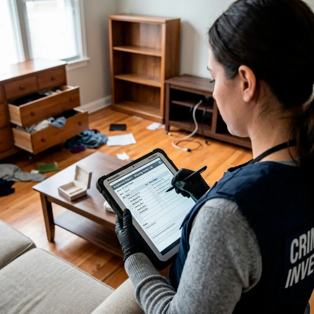 A crime investigator in a specialized vest uses a rugged tablet to document a "Missing Items List" in a burgled room, ensuring detailed reporting for insurance claim success.