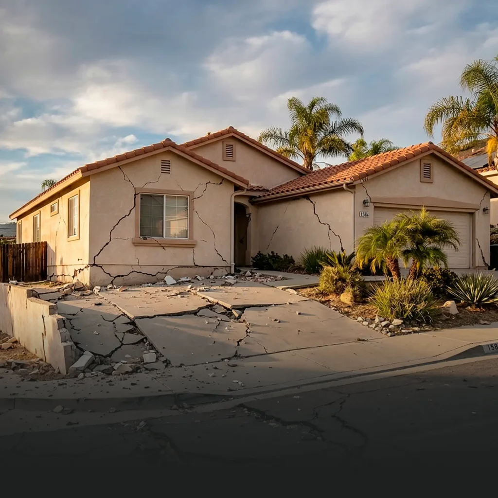 Meticulous close-up of a home's exterior covered in heavy branching cracks, with the concrete driveway and the street in front broken up and fractured. This depicts critical disaster-level ground and structural damage, providing visual proof to validate major loss claims and counter insurance company resistance. Bleak atmosphere with a dark, cloudy sky.
