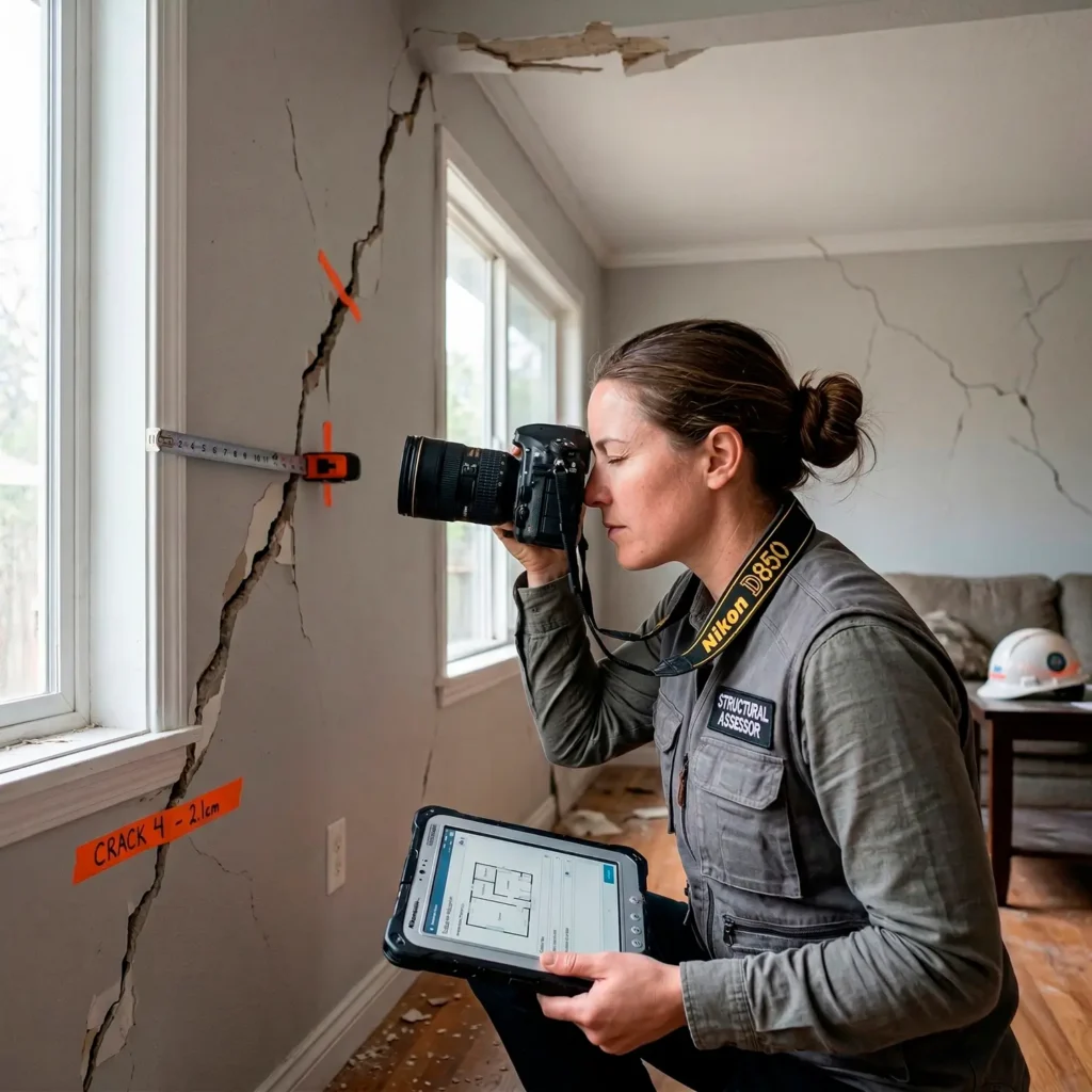 A professional woman identified as a "Structural Assessor" takes a detailed photo of a large diagonal crack in an interior wall using a DSLR camera. She holds a rugged tablet displaying property floor plans while orange markers and a measuring tape identify the specific damage ("CRACK 4 - 2.1cm"), ensuring meticulous evidence for an insurance claim.