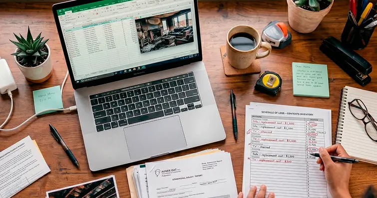 fire claim process on a desk document papers pictures notes notebook documenting everything