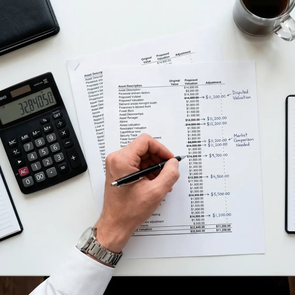A top-down view of a hand writing on a valuation spreadsheet with notes like "Disputed Valuation" and "Market Comparison Needed" next to a calculator, representing a thorough loss assessment.