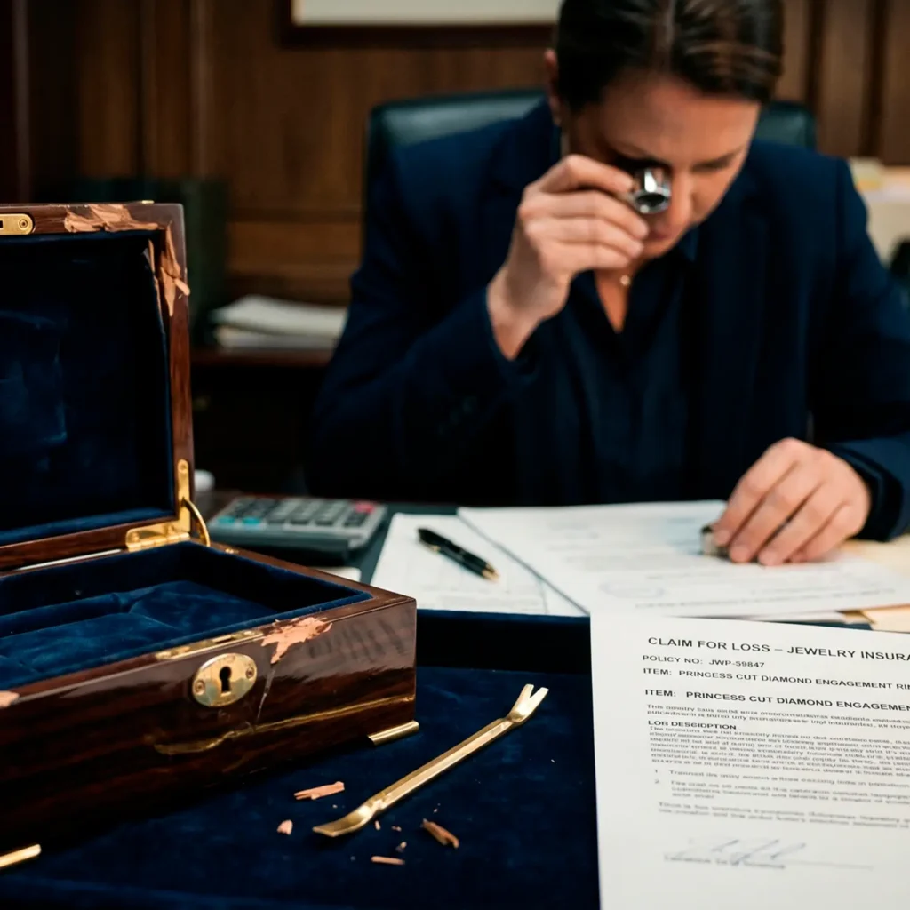 A specialist uses a loupe to examine documents next to an open jewelry box and a "Claim for Loss" form, ensuring meticulous evidence documentation for insurance recovery.