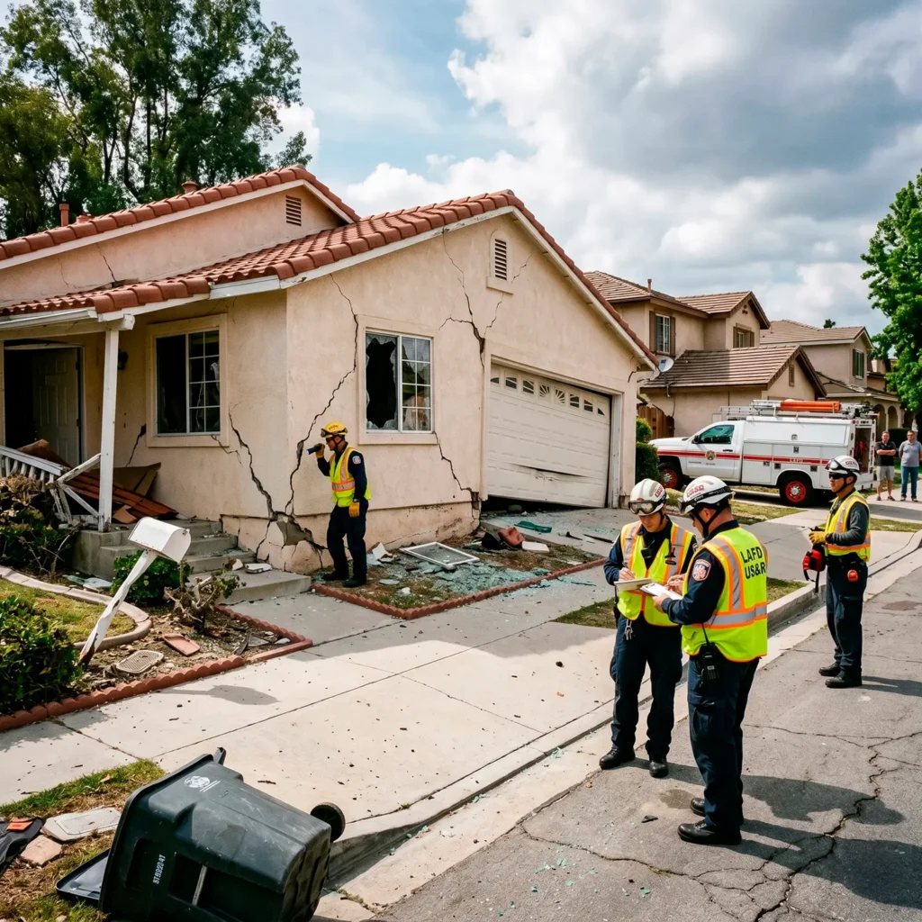 Three firefighters wearing "LAFD" hard hats and high-visibility "US&R" vests write on clipboards in front of a tan house with extensive exterior cracking, collapsed front porch, and broken windows. A fourth responder inspects damage on the left. In the background, an LAFD emergency truck is parked, and a fallen trash bin is on the sidewalk. This visual evidence validates major losses and supports the detailed claim process needed for recovery.