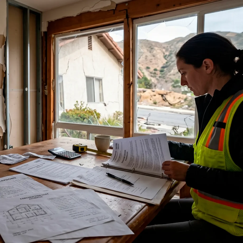 A professional woman in a high-visibility safety vest sits at a wooden table reviewing a detailed "Construction Cost Estimate" and insurance claim documents. A calculator and tape measure are visible on the table, emphasizing a meticulous loss assessment. Through the window behind her, a house with severe structural cracking is visible, providing visual proof of the onsite evaluation process for earthquake damage.