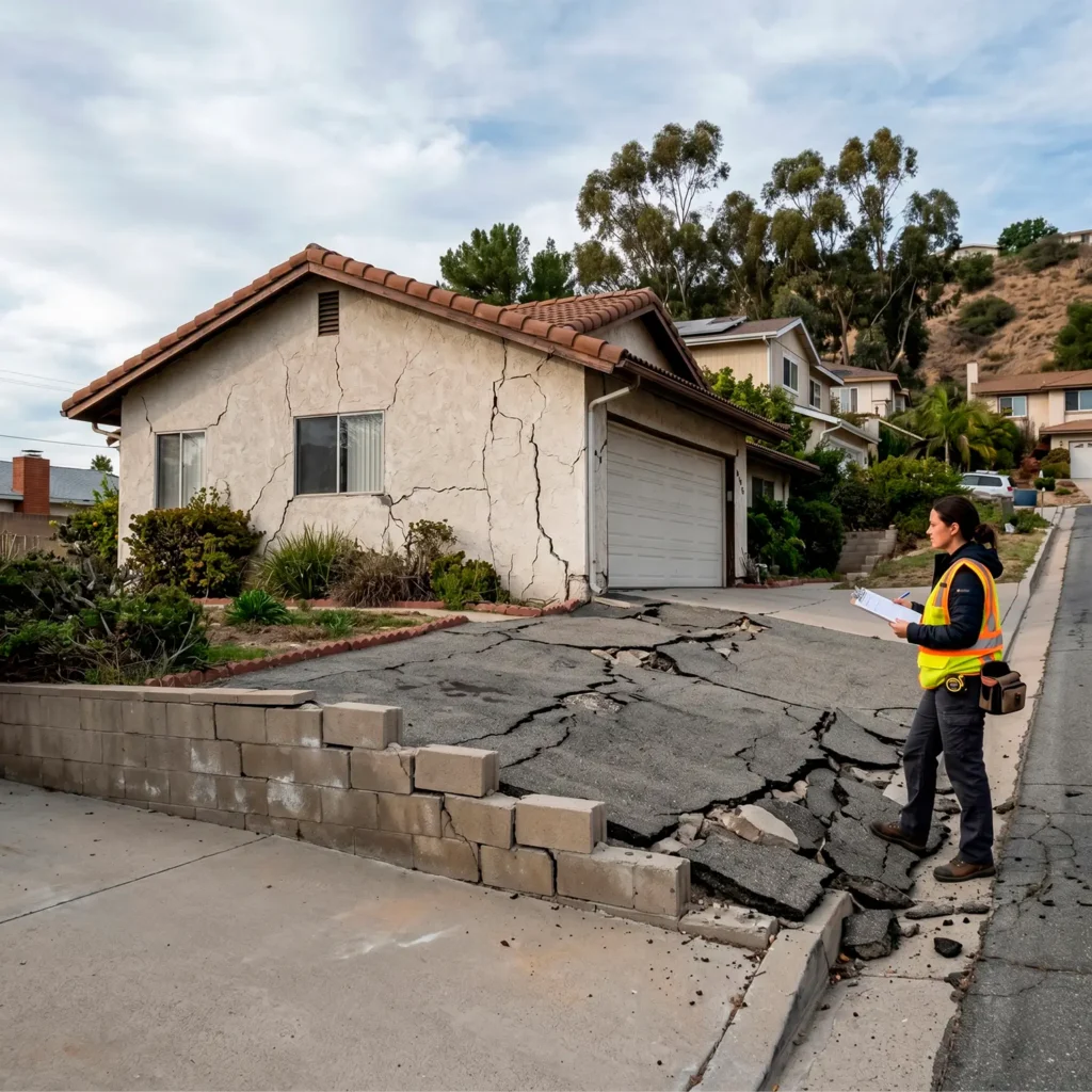 A woman in a high-visibility safety vest stands before a residential home with large exterior wall cracks and a heavily fractured asphalt driveway, documenting evidence on a clipboard. This visual proof validates major loss claims and supports the "Claim Process" needed to overcome insurance company resistance.