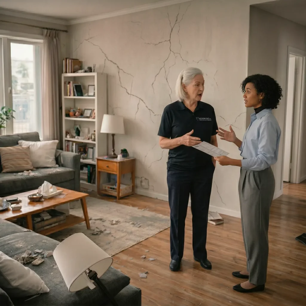 A senior female public adjuster wearing an "Avner Gat" branded shirt discusses an insurance document with a client in a living room showing severe structural damage. The background features large cracks in the white walls and debris on the floor, providing visual validation of the professional assessment process for major loss claims.