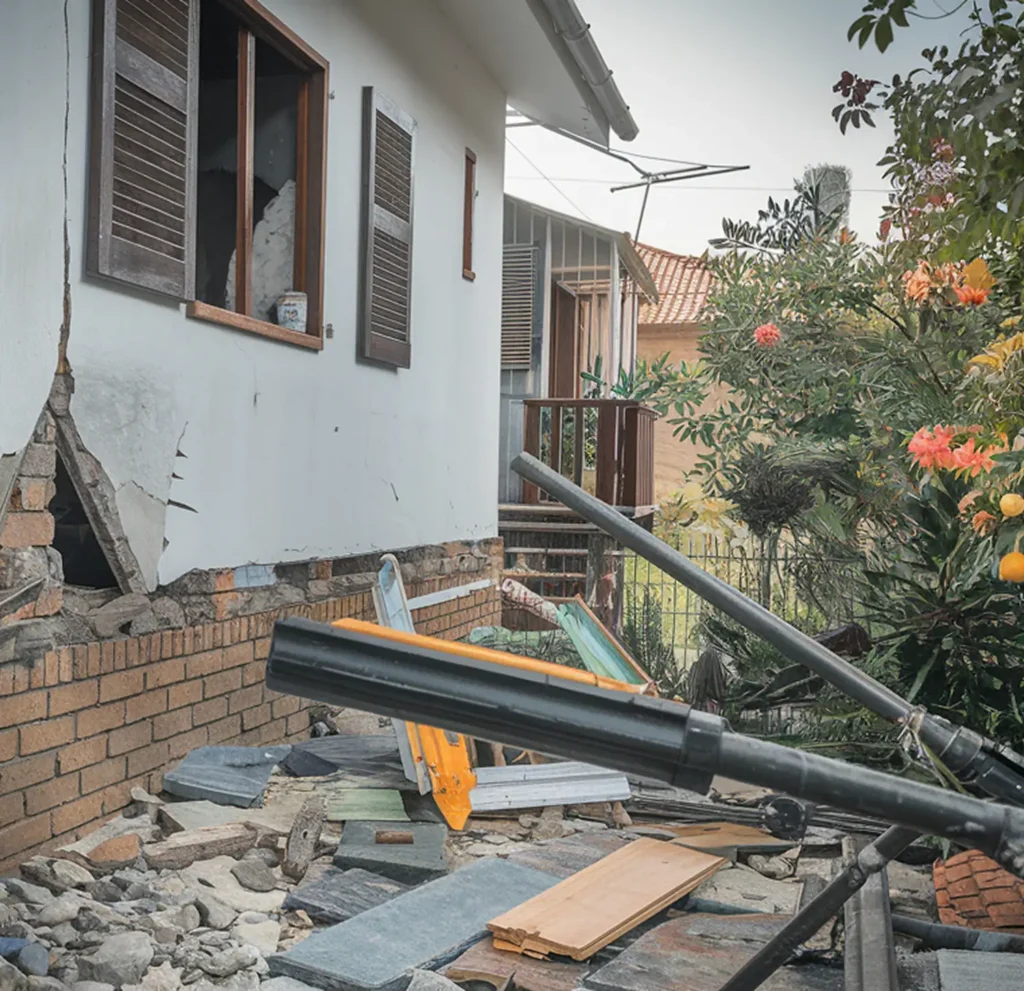 Severe residential structural failure: A white house with brown shutters showing a massive hole and jagged cracks in the lower exterior wall and brick foundation. The foreground is covered in heavy debris, including broken tiles, wooden planks, and rubble, serving as critical visual evidence for major loss insurance clai
