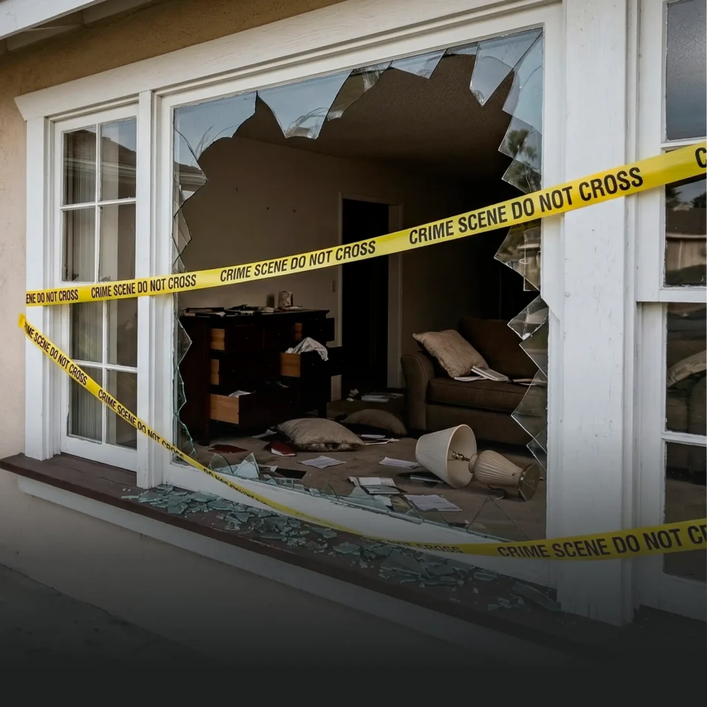 A shattered window of a home with yellow "Crime Scene Do Not Cross" tape, illustrating the aftermath of a break-in for an insurance claim.