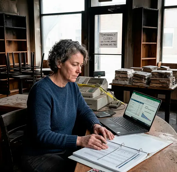 woman business owner calculating lost income on notebook